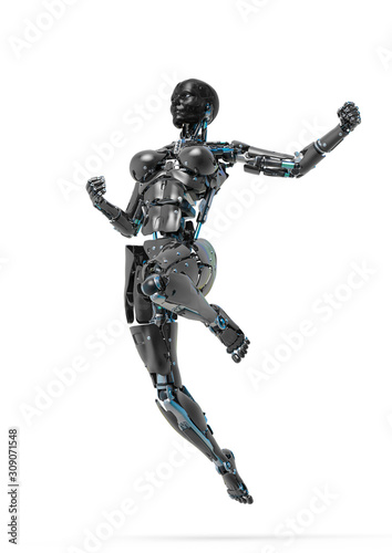 cyborg female comic pose one in a white background