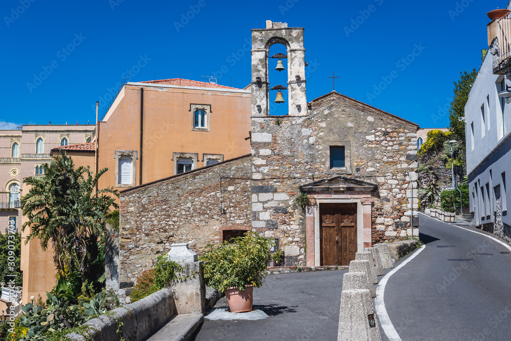 Front view of Archangel Michael Church on Pietro Rizzo street in Taormina city, Sicily Island, Italy