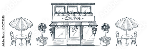 Street cafe, shop or bakery building. Vector sketch illustration of restaurant, table with umbrella and chairs.