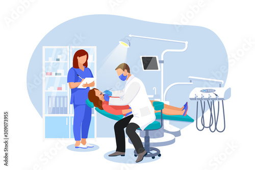 Dentist examines patient in dentist chair. Woman visits orthodontist at modern dental clinic. Vector flat illustration