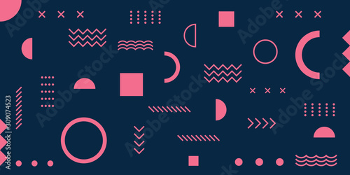 Memphis Simple Blue Abstract Circle Line Rectangle Box Arrow Cross Mountain River Pie Egypt Basic Shape Background For shirt