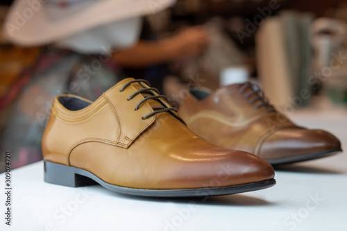 Elegant men shoes - product photography - close up. Blured background for separation - Real leather