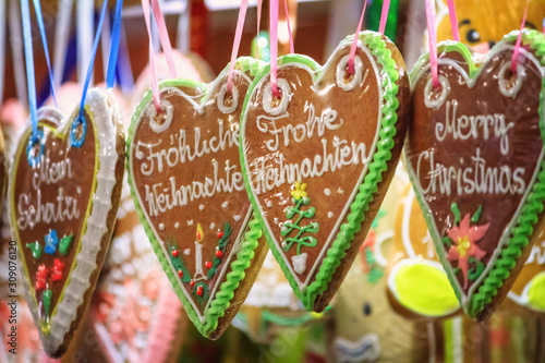 Photography Festive cityscape - view of the Christmas gingerbread cookies closeup on the Chr