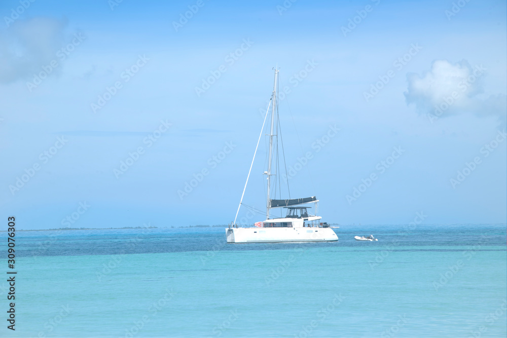 Luxurious catamaran sail in front of a Caribbean white beach. Happy people play and swim in the calm sea near the yacht