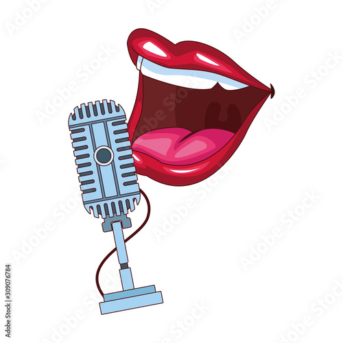 retro microphone and comedian mouth icon, colorful design