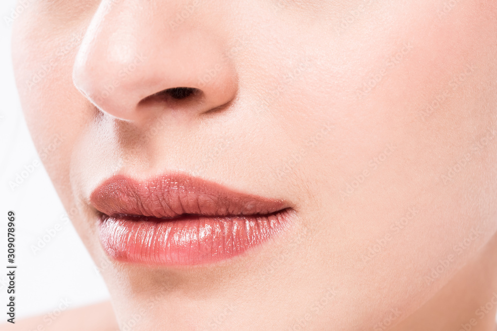 Perfect natural lip makeup. Close up macro photo with beautiful female mouth.