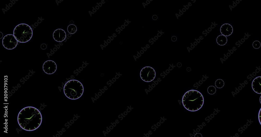 Abstract background with analog clock neon icons flying towards the viewer. Abstract background with analog clock neon icons flying towards the viewer.