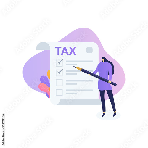 Tax form modern flat illustrations isolated on white background. People holding a pencil with tax form vector