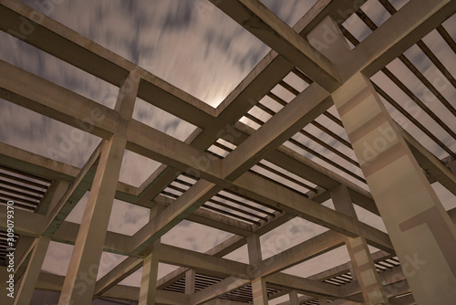 Crossing structure of concrete pillars and beams on the roof under moonlight