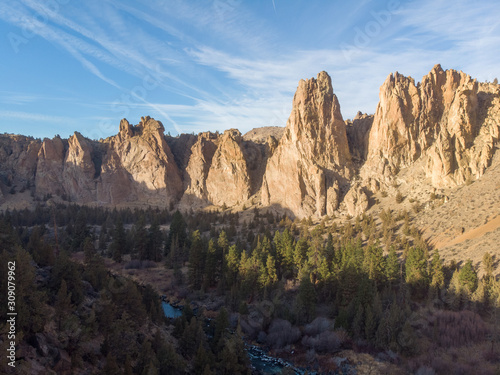 Rocks in a beautifully beautiful desert canyon. Smith Rock State Park National Park. Oregon State. Top view