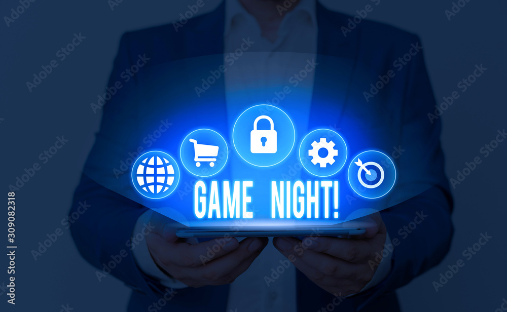 Fototapeta premium Text sign showing Game Night. Business photo showcasing usually its called on adult play dates like poker with friends