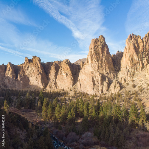 Rocks in a beautifully large canyon, desert with river. Smith Rock State Park National Park. Oregon State. Top view. Square photo.