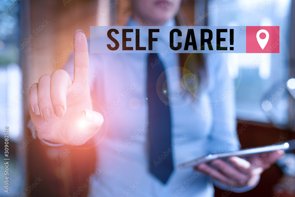 Handwriting text writing Self Care. Conceptual photo the practice of taking action to improve one s is own health Blurred woman in the background pointing with finger in empty space Handwriting text writing Self Care. Conceptual photo the practice of taking action to improve one s is own health Blurred woman in the background pointing with finger in empty space