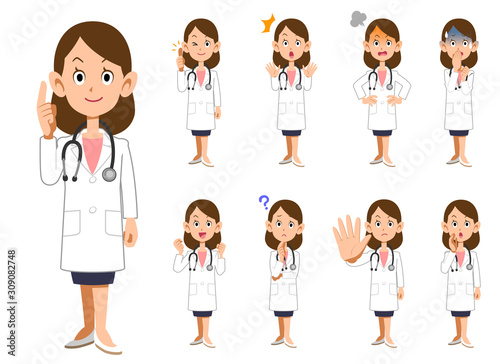 9種類の女性医師の上半身のポーズと仕草1　全身