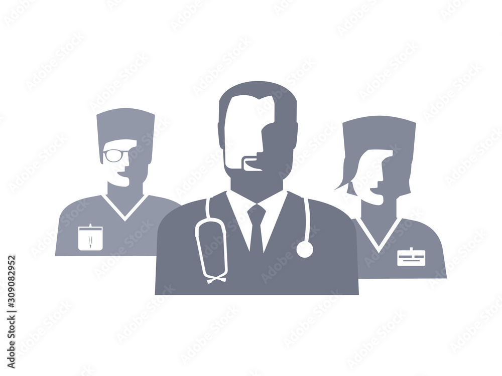 Set of doctor and nurse, male and female, midwife. Monochrome Image avatars, isolated. doctor with stethoscope, in uniform, with badge. Nurse's day, health care Set of doctor and nurse, male and female, midwife. Monochrome Image avatars, isolated. doctor with stethoscope, in uniform, with badge. Nurse's day, health care