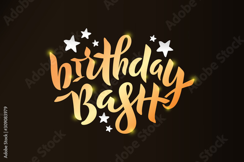 Vector stock illustration of Birthday Bash inscription with paper cut stars for greeting card, invitation. Golden hand lettering calligraphy for birthday party, anniversary. EPS 10