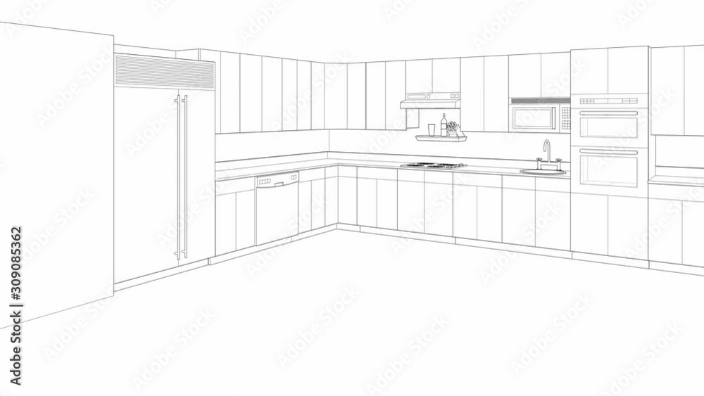 interior design sketch modern kitchen, 4k video 3d animation render interior design sketch modern kitchen, 4k video 3d animation render