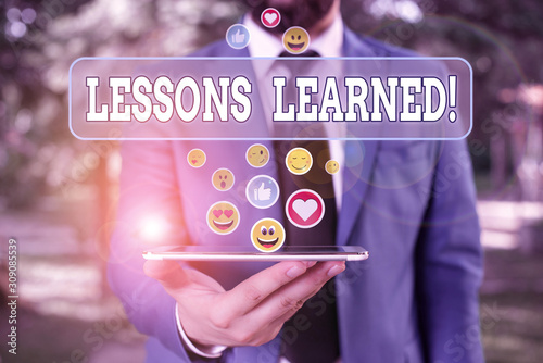 Text sign showing Lessons Learned. Business photo showcasing experiences distilled project that should actively taken