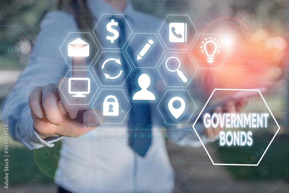 Writing note showing Government Bonds. Business concept for debt security issued by a government to support spending Writing note showing Government Bonds. Business concept for debt security issued by a government to support spending