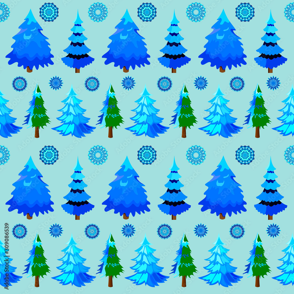 Obraz premium Christmas or new year Wallpaper with Christmas trees and snowflakes on a blue background.