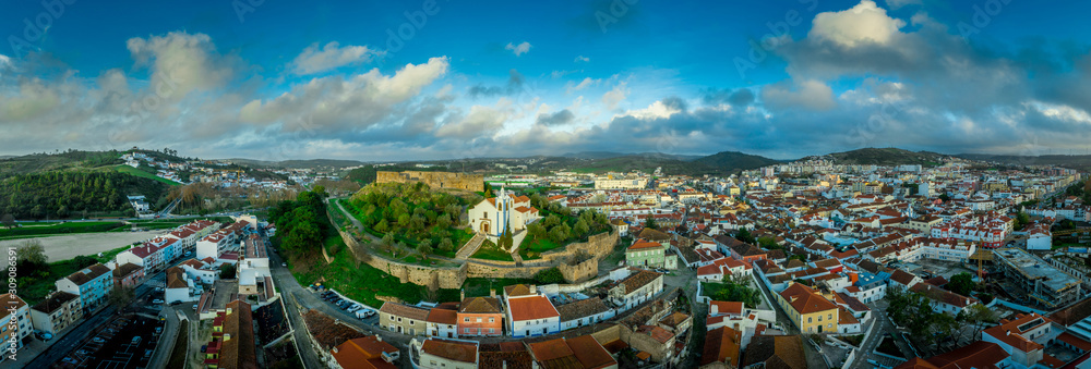 Aerial panorama of the medieval castle with Moorish origins in Torres Vedras Portugal with restored castle church and keep