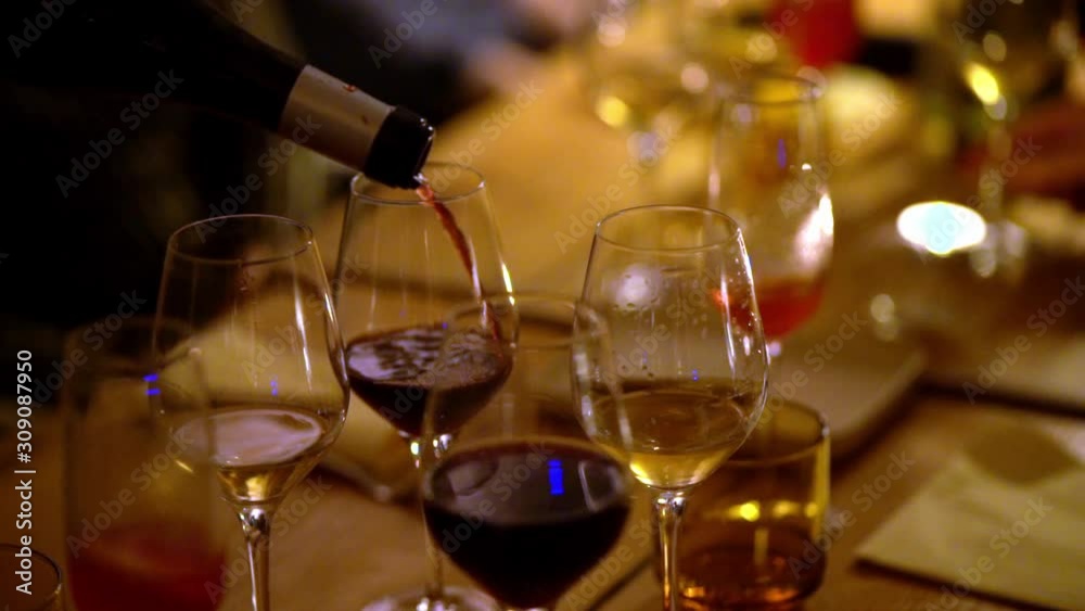 Waitress pouring wine in a restaurant during dinner
Having a nice dinner with friends and colleagues, slow motion Waitress pouring wine in a restaurant during dinner
Having a nice dinner with friends and colleagues, slow motion