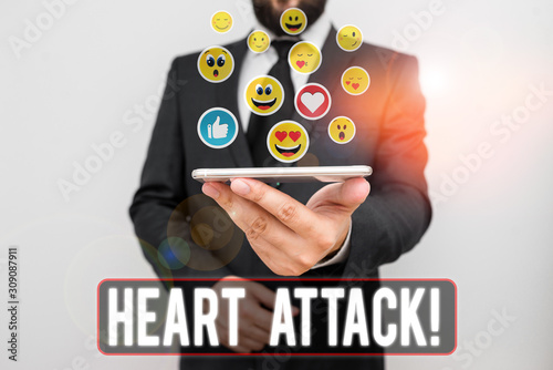 Writing note showing Heart Attack. Business concept for sudden occurrence of coronary thrombosis resulting in death