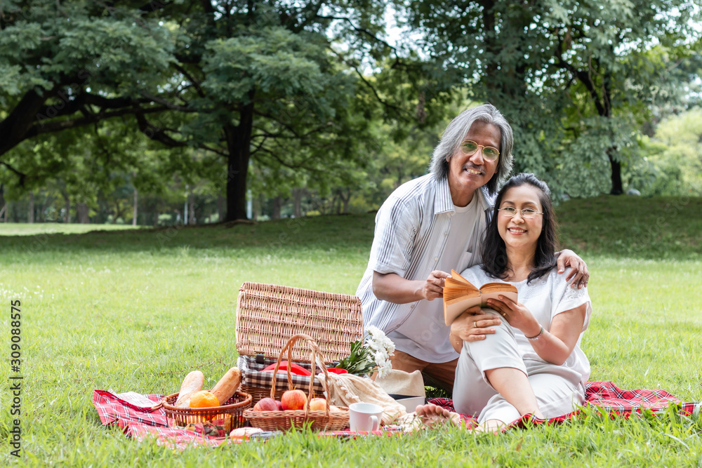 Asian senior couple reading book and picnic at park. Asian senior couple reading book and picnic at park.