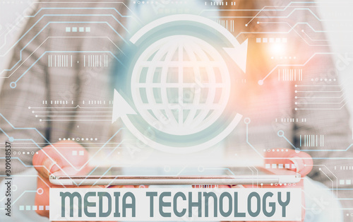 Word writing text Media Technology. Business photo showcasing process of huanalysis origin that used to convey media photo