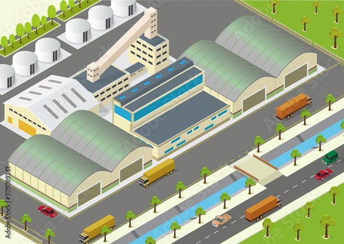 Vector illustration of isometric factory, warehouse exterior and unloading delivery
