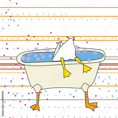 Bottoms up vector drawing of a duck dunking in a bathtub, surface pattern design, fun for kids bathroom art