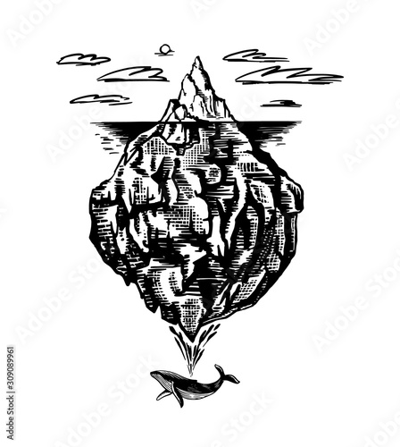Iceberg in the ocean. A large piece of a mountain glacier floating in northern water. Engraved hand drawn vintage sketch for emblem, web logo, banner or t-shirt. Isolated illustration.