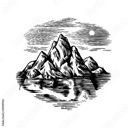 Iceberg in the ocean. A large piece of glacier floating in northern water. Engraved hand drawn vintage sketch for emblem, web logo, banner or t-shirt. Isolated illustration on a white background.