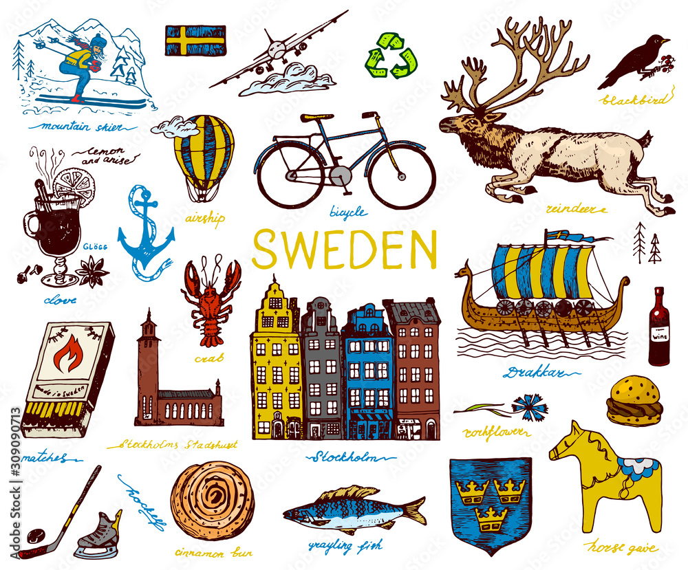 Obraz premium Symbols of Sweden in vintage style. Retro sketch with traditional signs. Scandinavian culture, national entertainment in European country. Ecology and processing, bicycle and animals, winter and cold.