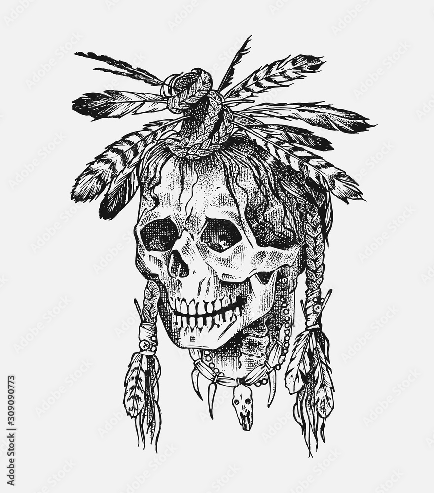Obraz premium Human skull. Dead Native American Indian with feathers in vintage style. Retro old school sketch for tattoo. Monochrome Hand drawn engraved retro badge for t-shirt, banner poster and logo.