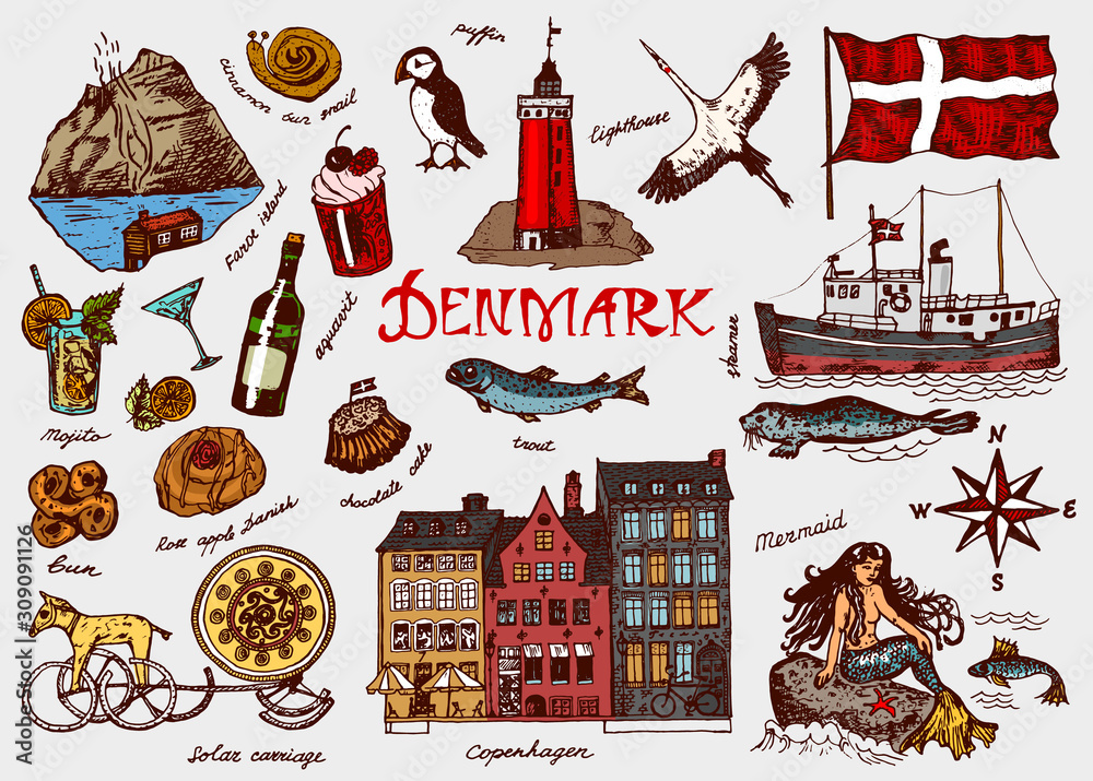 Symbols of Denmark in vintage style. Retro sketch with traditional signs.  Scandinavian culture, national entertainment in European country. Homes,  drinks, mermaid and ship, animals and sea creatures. Stock Vector | Adobe  Stock