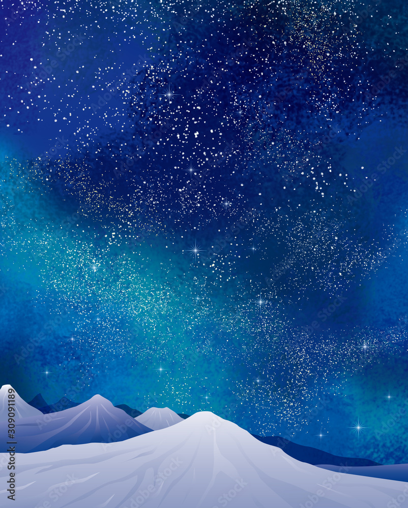 Obraz Zimowy krajobraz: akwarela zimowy krajobraz góra śnieg śnieg góra gwiazda gwiazda nocne niebo blask Droga Mleczna