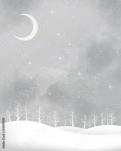 冬の景色：水彩　冬　景色　木　木々　雪　丘　雪山　林　森　星　夜空　キラキラ　月
