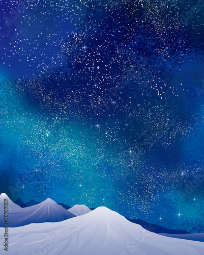Obraz na płótnie Zimowy krajobraz: akwarela zimowy krajobraz góra śnieg śnieg góra gwiazda gwiazda nocne niebo blask Droga Mleczna