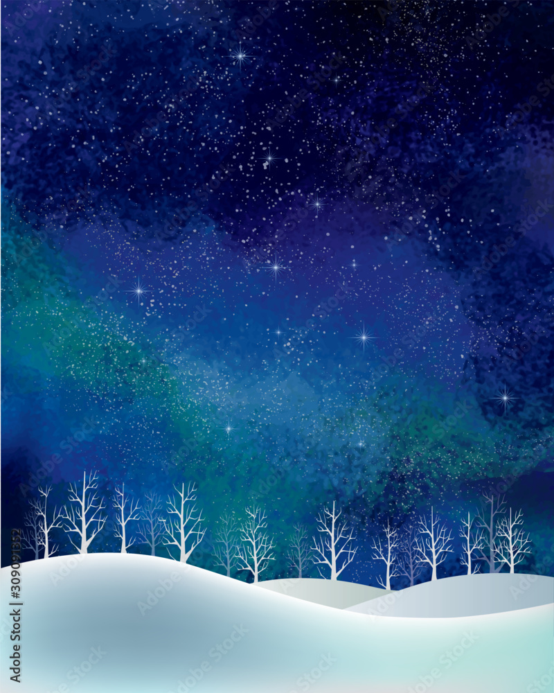 冬の景色 水彩 冬 景色 木 木々 雪 丘 雪山 林 森 星 夜空 キラキラ Stock ベクター Adobe Stock
