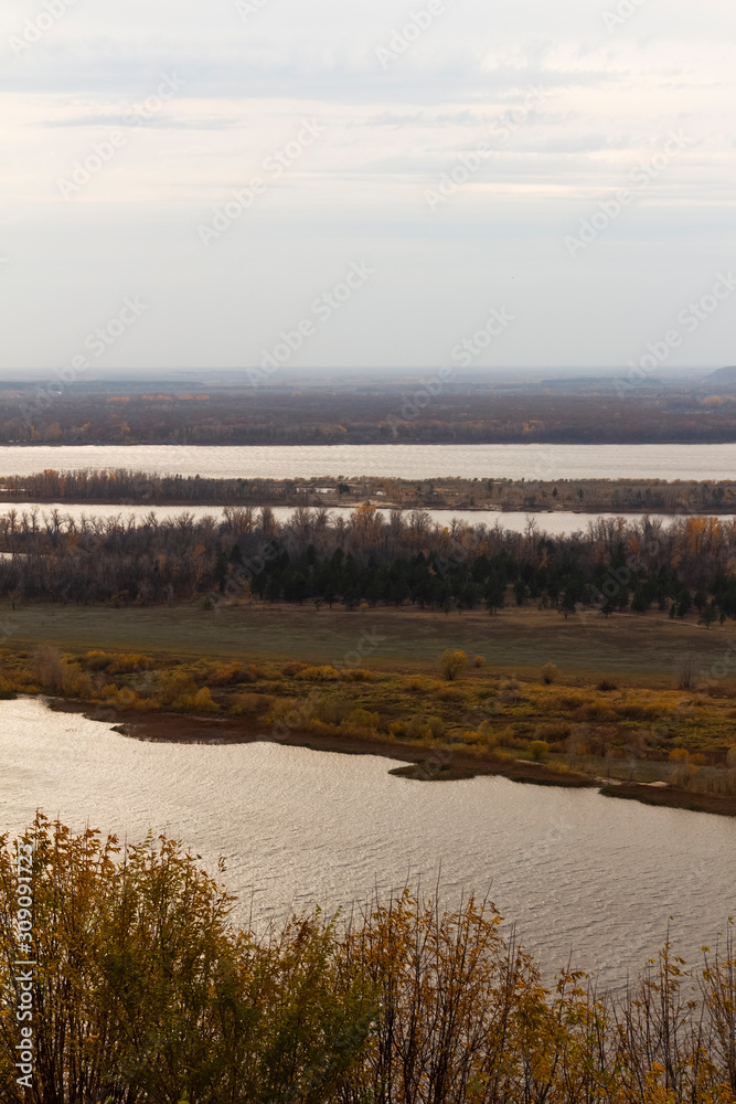 Beautiful landscape from above on the Volga river.