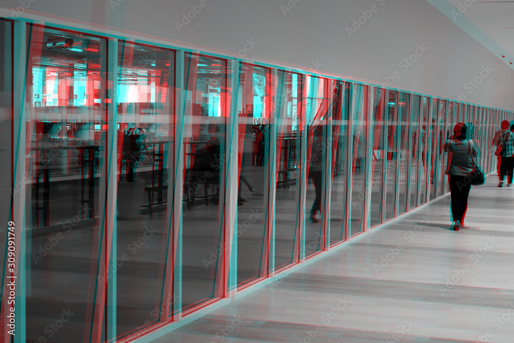 Glitch style, People walking inside the building by the glass wall. Glitch style, People walking inside the building by the glass wall.