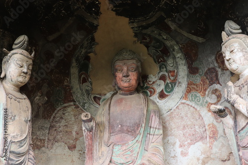 Maijishan Cave-Temple Complex in Tianshui , Gansu Province , China. Artistic treasures of Maiji Mountain caves. UNESCO World Heritage Site. photo