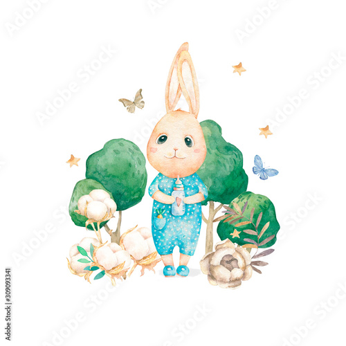 Cute happy birthday card with cartoon Bunny and green tree, butterfly and catoon. Watercolor rabbit clip art and beauty boho. Baby Shower card nursery