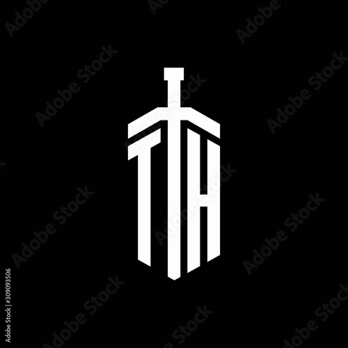 TH logo monogram with sword element ribbon design template