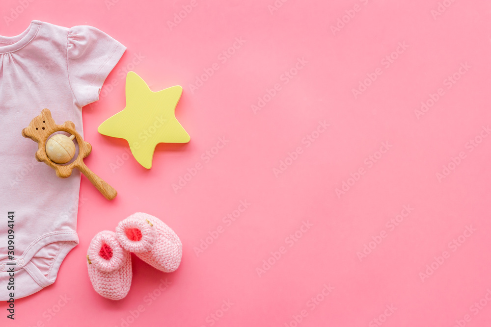 Baby background  pink color Clothes booties and accessories for newborn  girl on pink table topdown frame copy space Stock Photo  Adobe Stock
