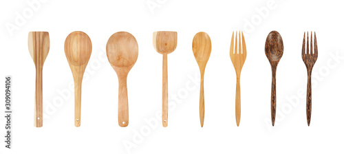 Wooden Spoon and fork set collection Isolated on White Background with clipping path