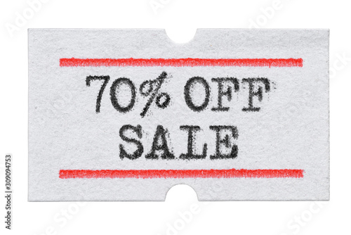 70 % OFF Sale printed on price tag sticker isolated on white