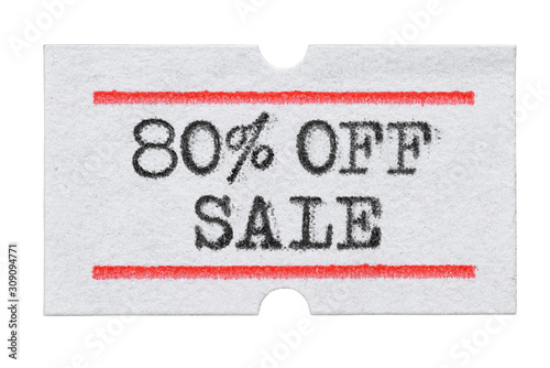 80 % OFF Sale printed on price tag sticker isolated on white