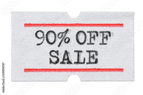 90 % OFF Sale printed on price tag sticker isolated on white